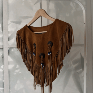 Poncho effetto suede cuoio con frange