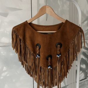 Poncho effetto suede cuoio con frange